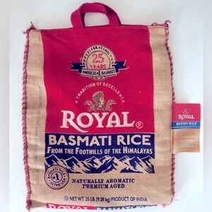 4 Burlap sacks zip top Burlap bag 18 x 15 Woven handles Royal basmati rice logo